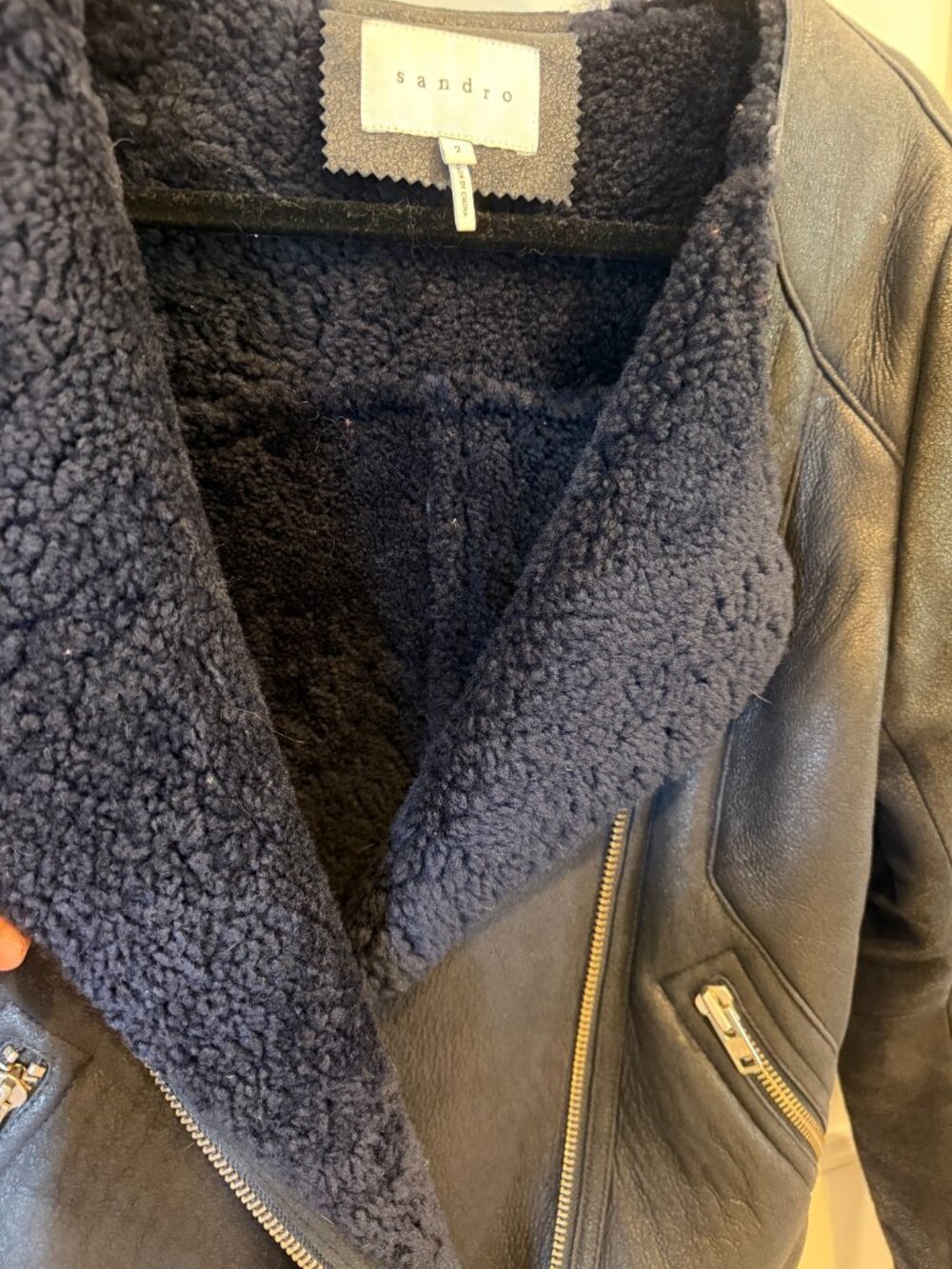 Sandro Paris navy blue lamb leather shearling biker moto jacket size 2 - Picture 4 of 6